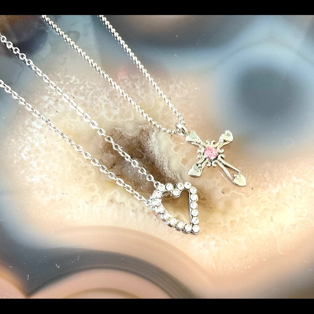Cookie Lee crystal heart & cross necklace lot of 2 cubic zirconia pink cz